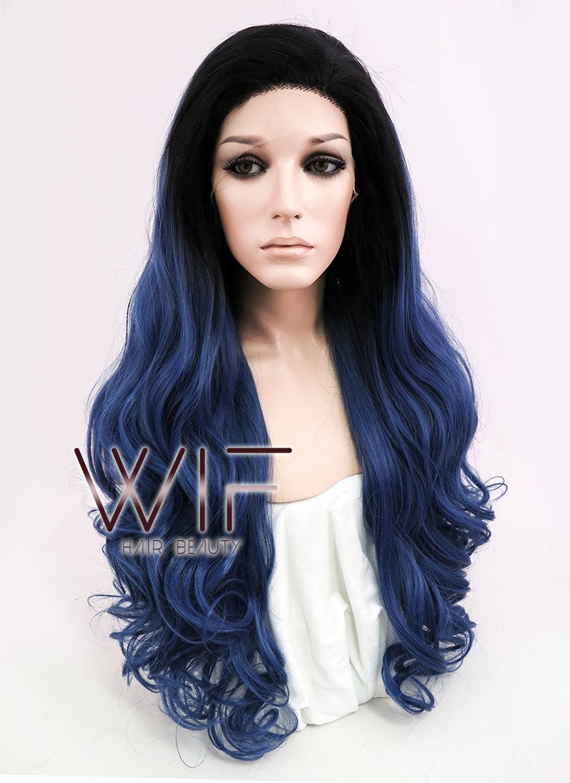 24" Wavy Dark Blue With Dark Roots Lace Front Synthetic Wig LF876