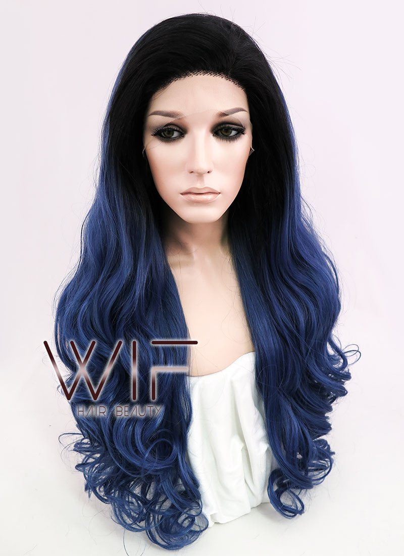 24" Wavy Dark Blue With Dark Roots Lace Front Synthetic Wig LF876