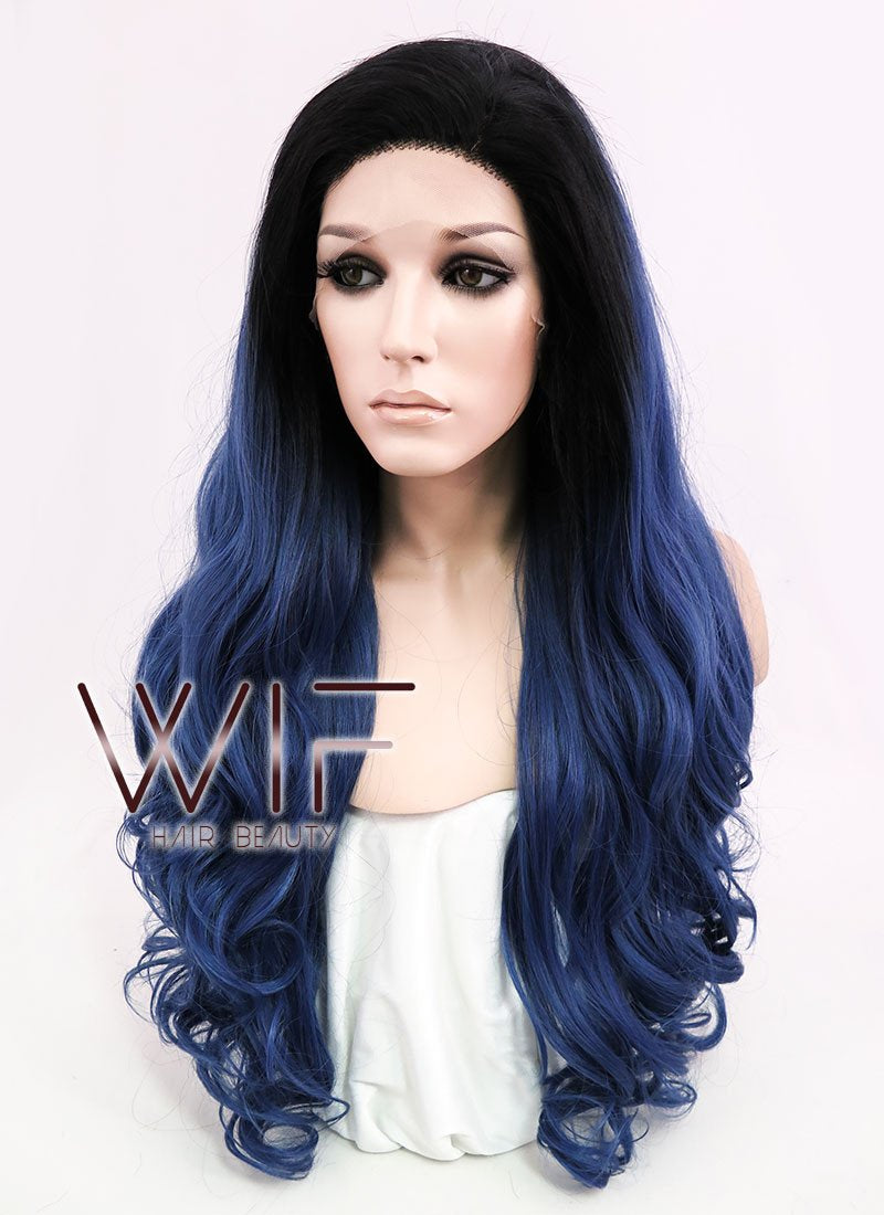 24" Wavy Dark Blue With Dark Roots Lace Front Synthetic Wig LF876