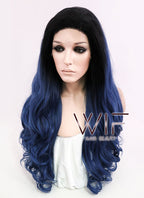 24" Wavy Dark Blue With Dark Roots Lace Front Synthetic Wig LF876