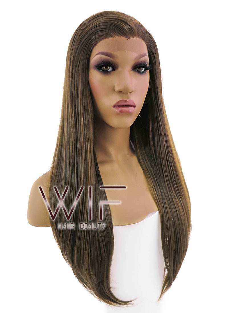 24" Long Straight Brown Lace Front Synthetic Hair Wig LFB006
