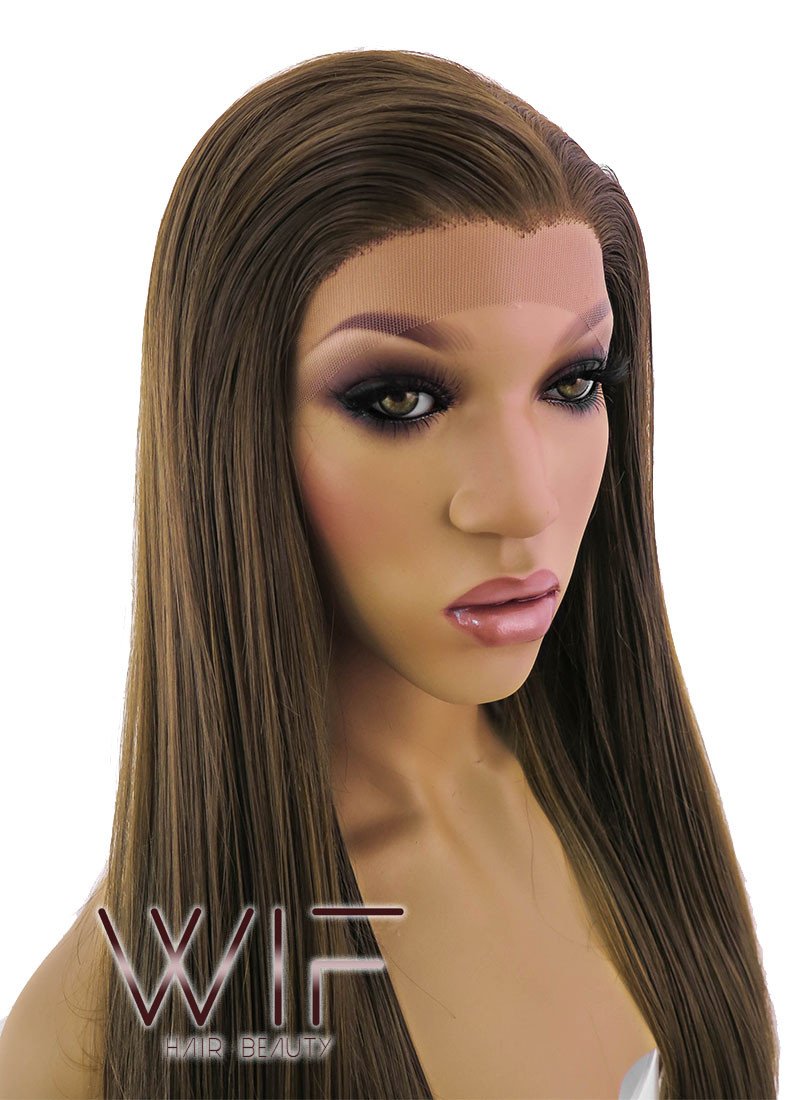 24" Long Straight Brown Lace Front Synthetic Hair Wig LFB006