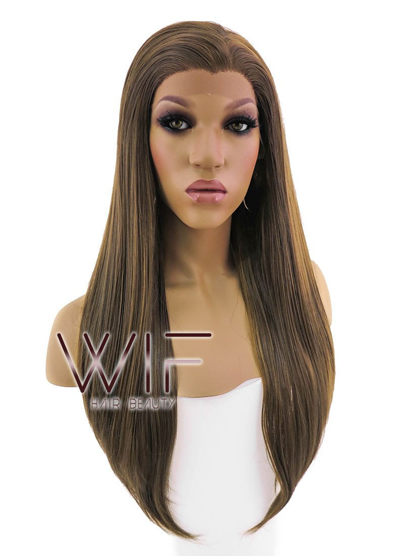 24" Long Straight Brown Lace Front Synthetic Hair Wig LFB006