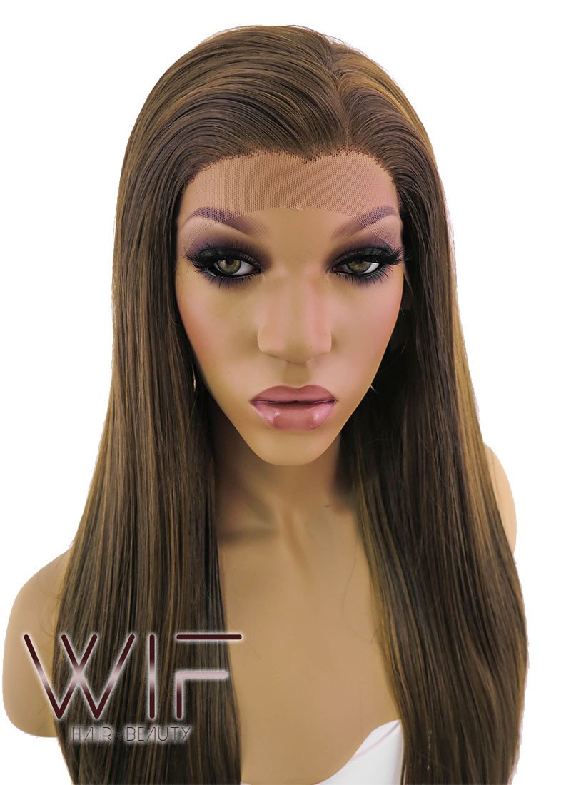 24" Long Straight Brown Lace Front Synthetic Hair Wig LFB006