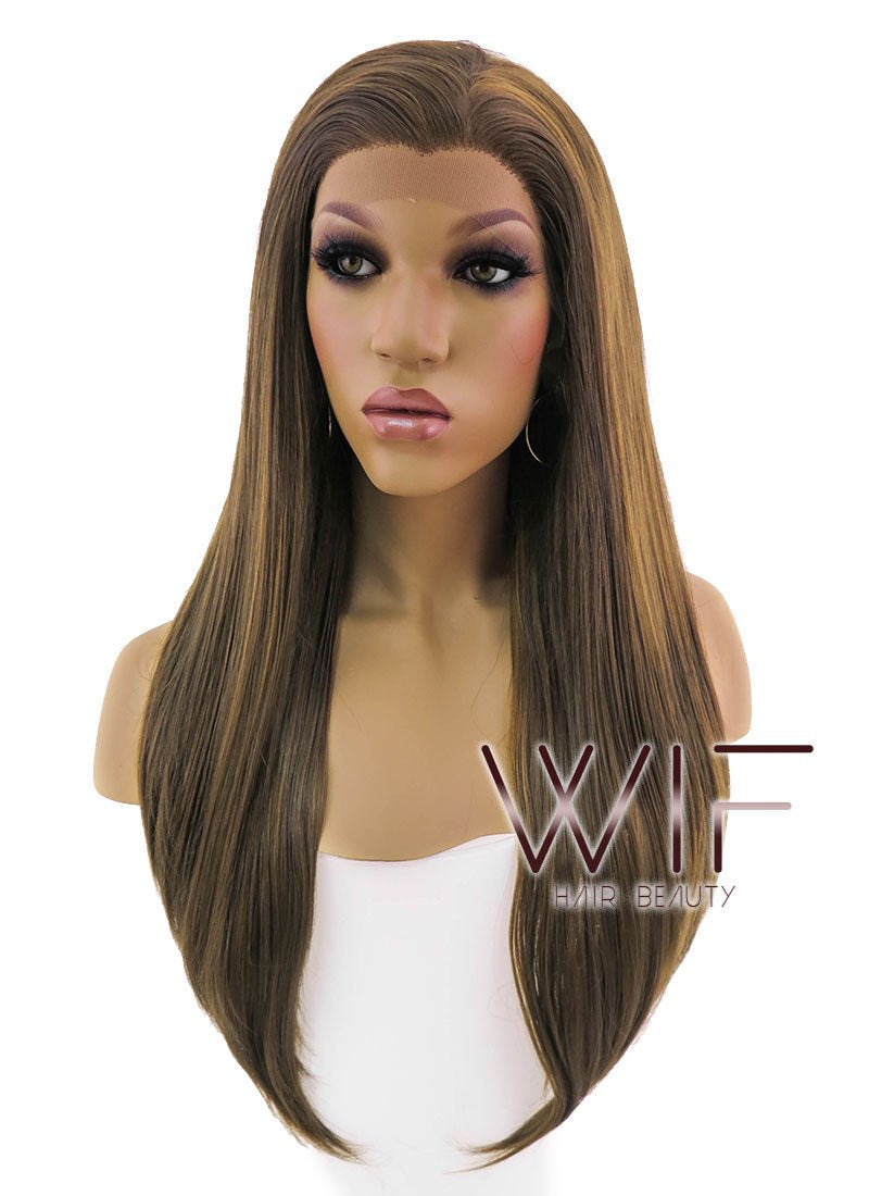 24" Long Straight Brown Lace Front Synthetic Hair Wig LFB006