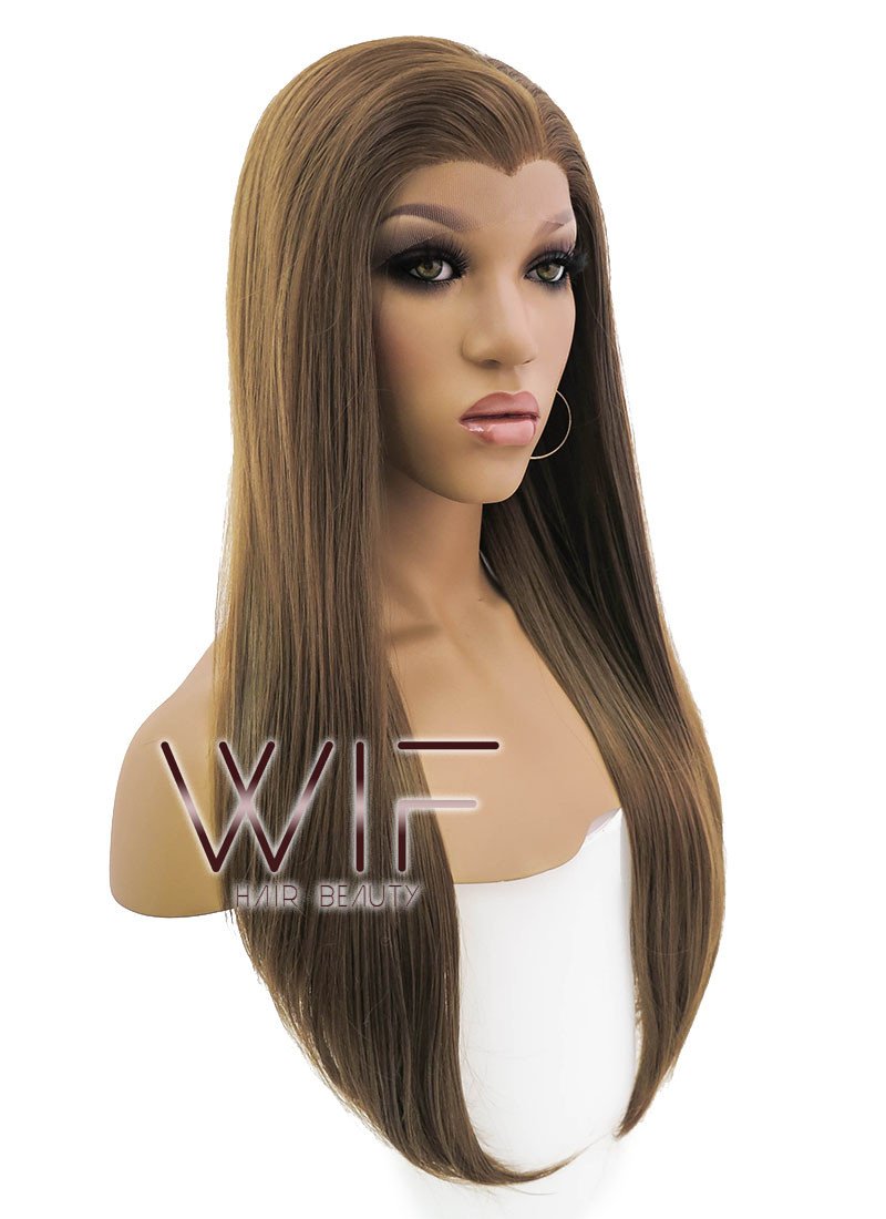 24" Long Straight Brown Lace Front Synthetic Hair Wig LFB019