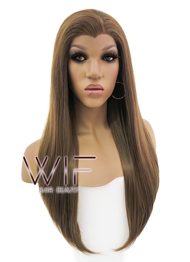24" Long Straight Brown Lace Front Synthetic Hair Wig LFB019