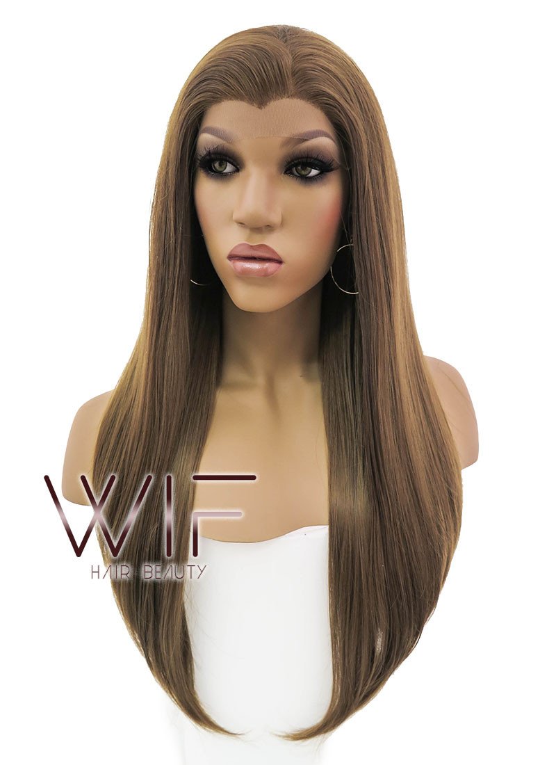 24" Long Straight Brown Lace Front Synthetic Hair Wig LFB019