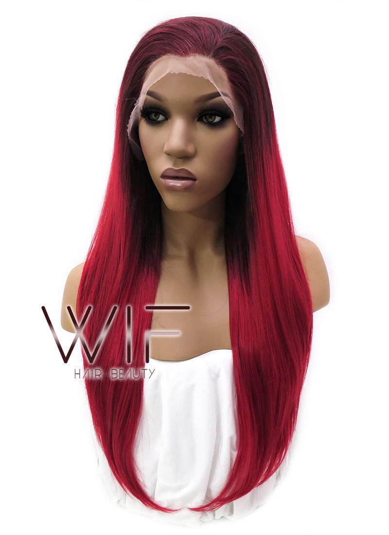 24" Long Straight 2 Tone Red Lace Front Synthetic Hair Wig LFB033