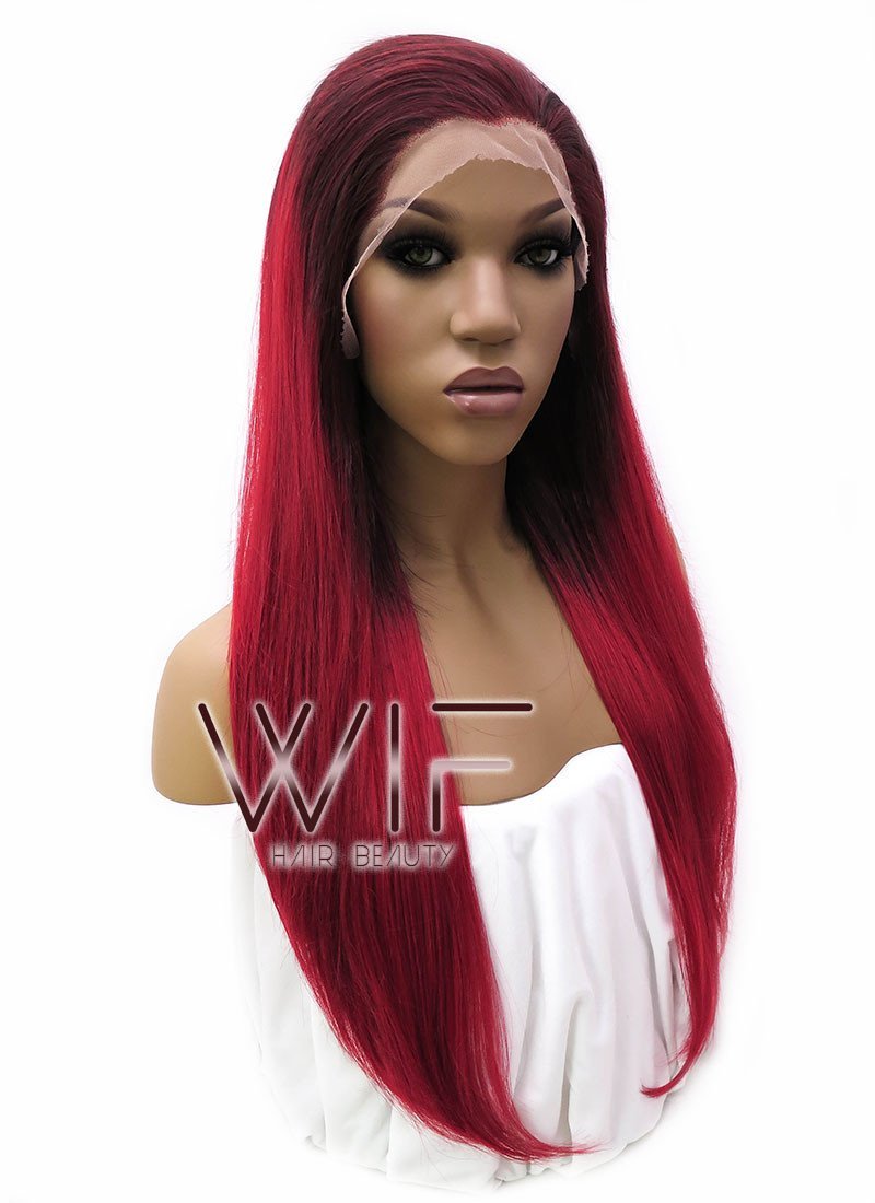 24" Long Straight 2 Tone Red Lace Front Synthetic Hair Wig LFB033