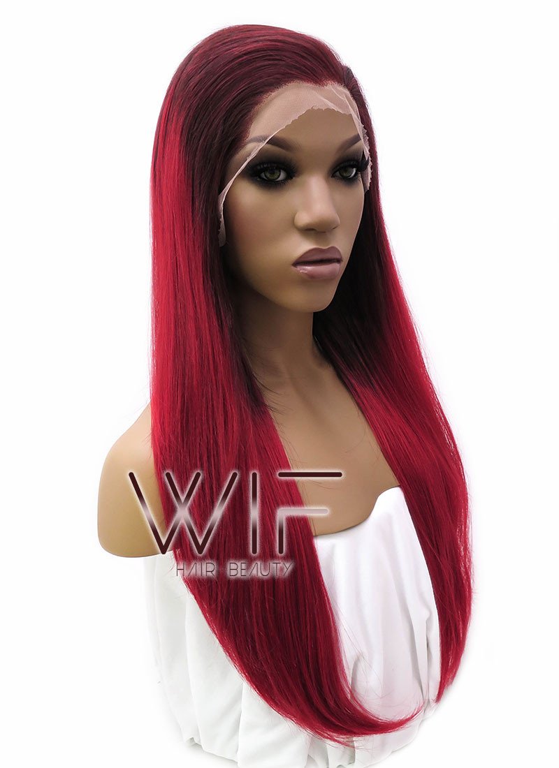 24" Long Straight 2 Tone Red Lace Front Synthetic Hair Wig LFB033