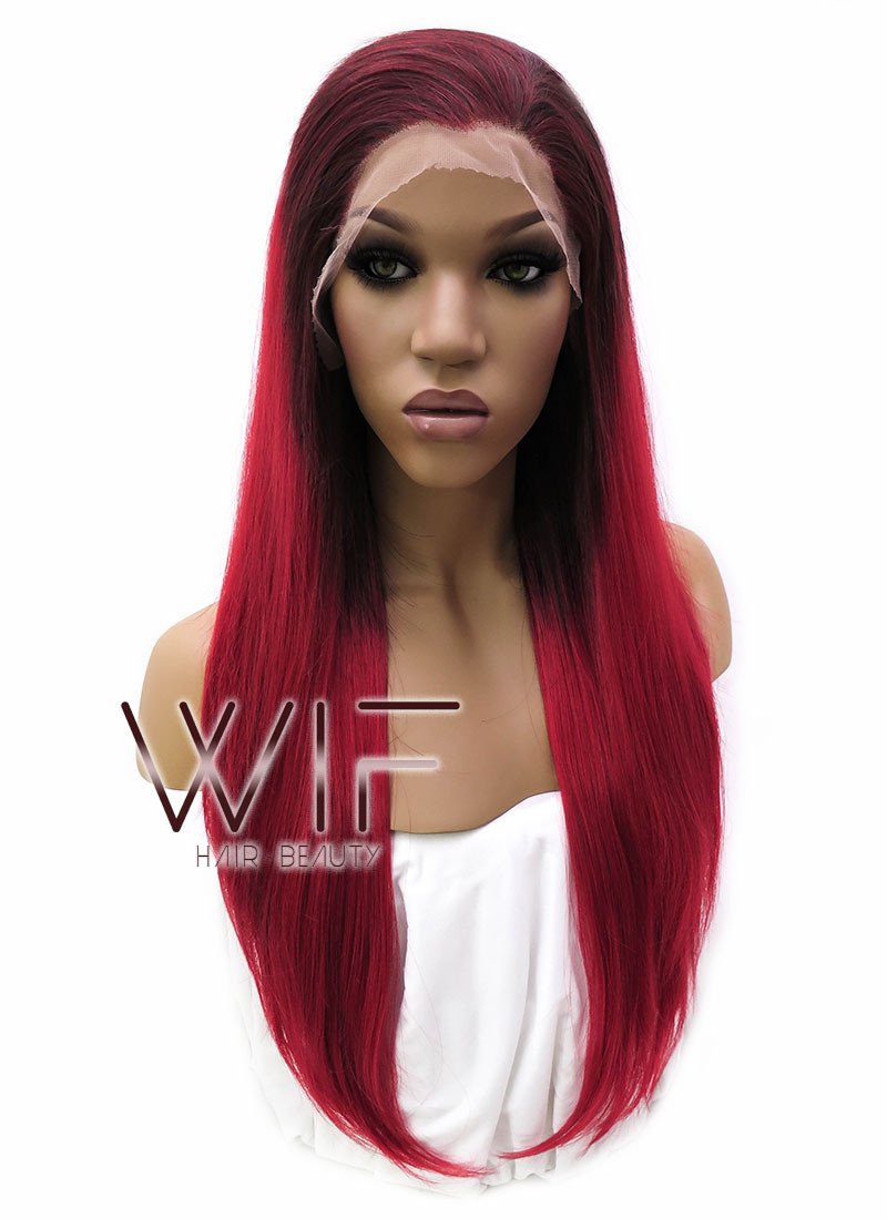 24" Long Straight 2 Tone Red Lace Front Synthetic Hair Wig LFB033