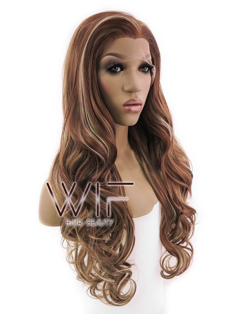 26" Long Curly Brown Mixed Blonde Heat Resistant Lace Front Synthetic Hair Wig LFB083