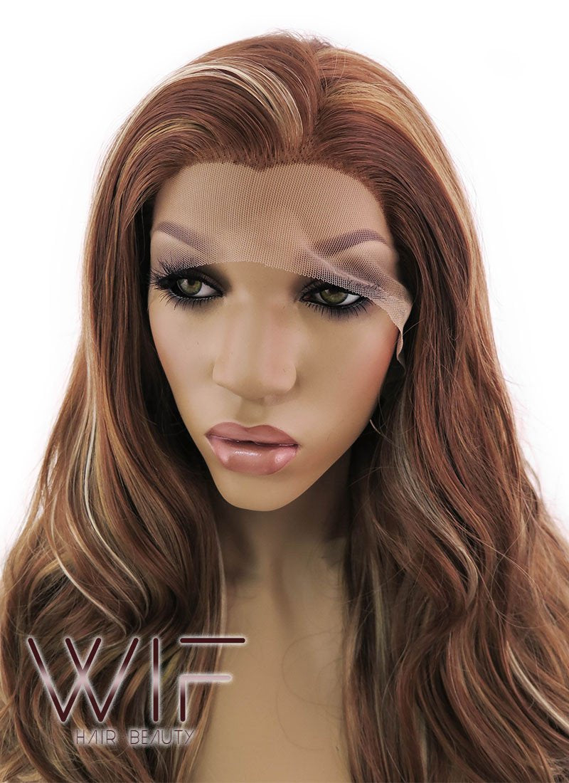 26" Long Curly Brown Mixed Blonde Heat Resistant Lace Front Synthetic Hair Wig LFB083