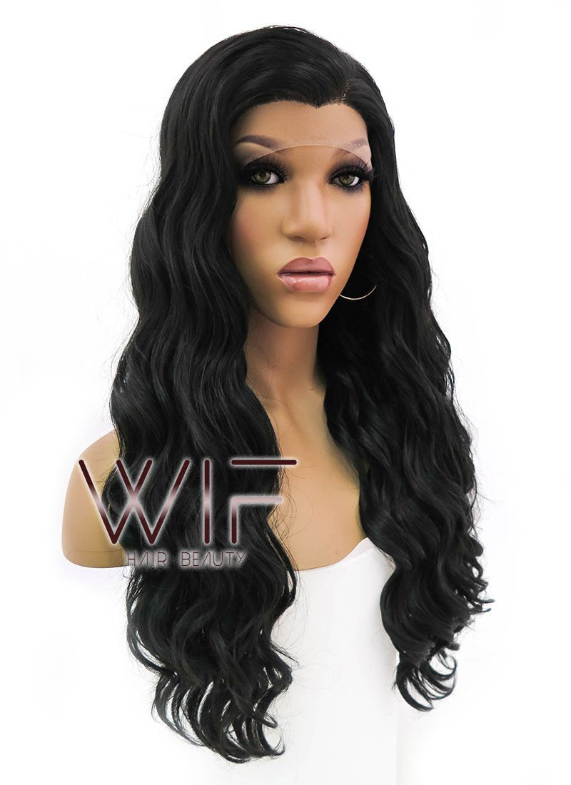 24" Long Curly Natural Black Lace Front Synthetic Hair Wig LFB095