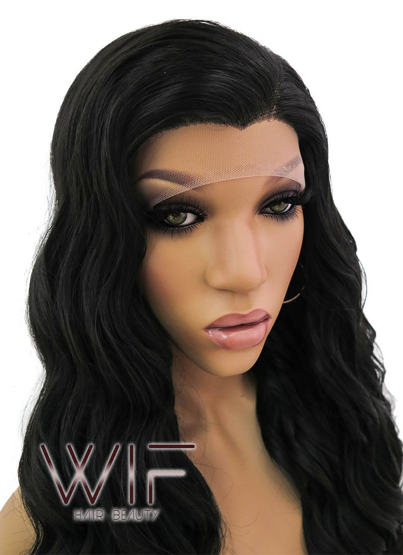 24" Long Curly Natural Black Lace Front Synthetic Hair Wig LFB095