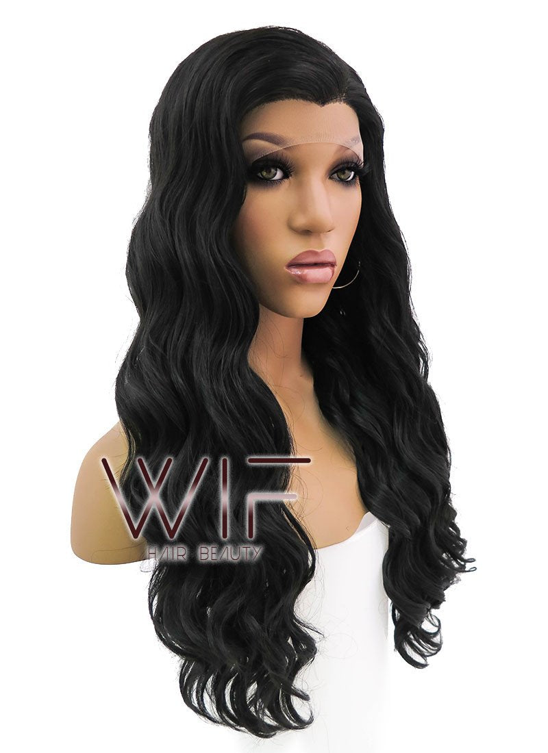 24" Long Curly Natural Black Lace Front Synthetic Hair Wig LFB095
