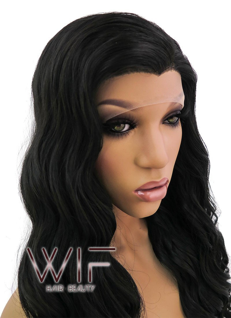 24" Long Curly Natural Black Lace Front Synthetic Hair Wig LFB095