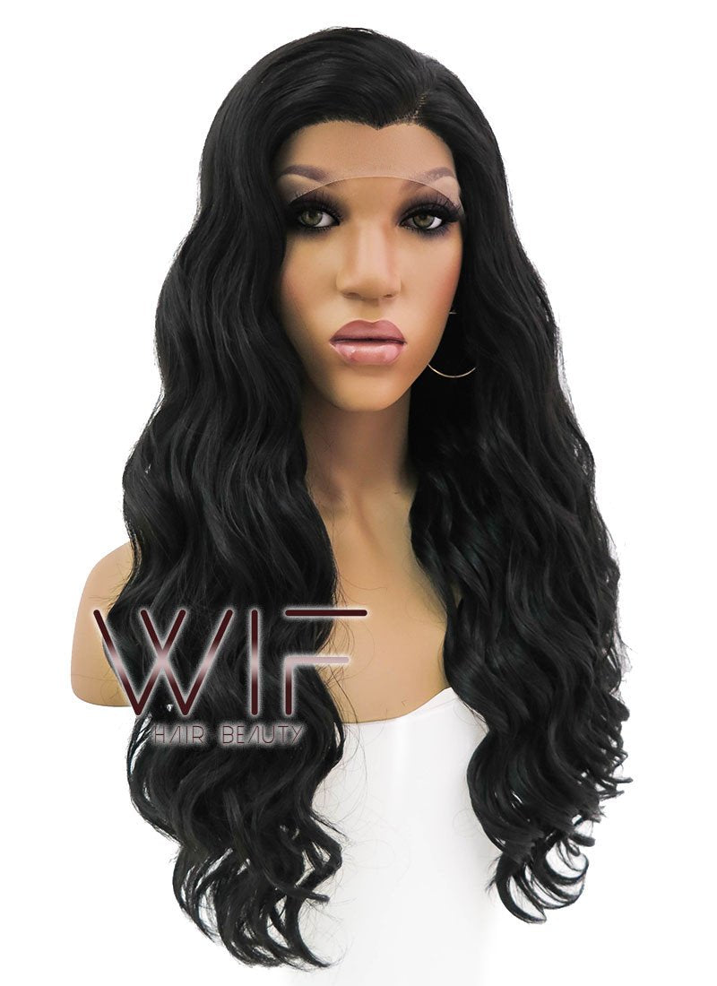 24" Long Curly Natural Black Lace Front Synthetic Hair Wig LFB095