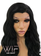 24" Long Curly Natural Black Lace Front Synthetic Hair Wig LFB095