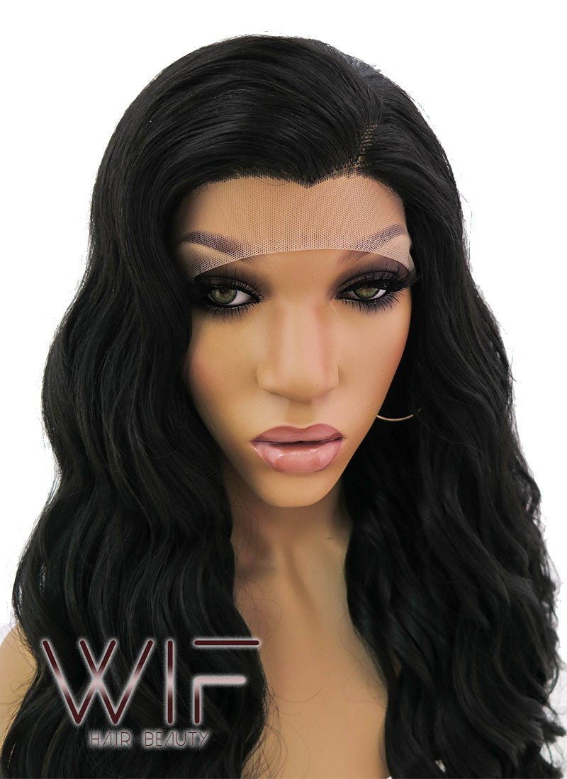 24" Long Curly Natural Black Lace Front Synthetic Hair Wig LFB095