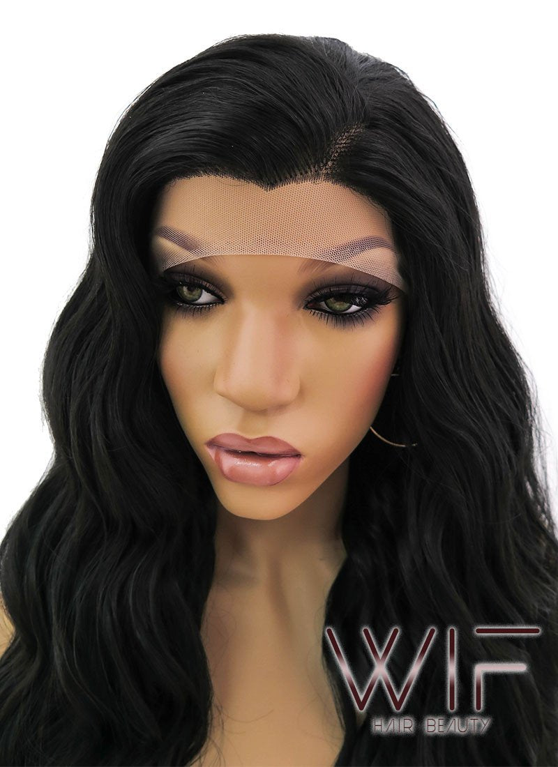 24" Long Curly Natural Black Lace Front Synthetic Hair Wig LFB095