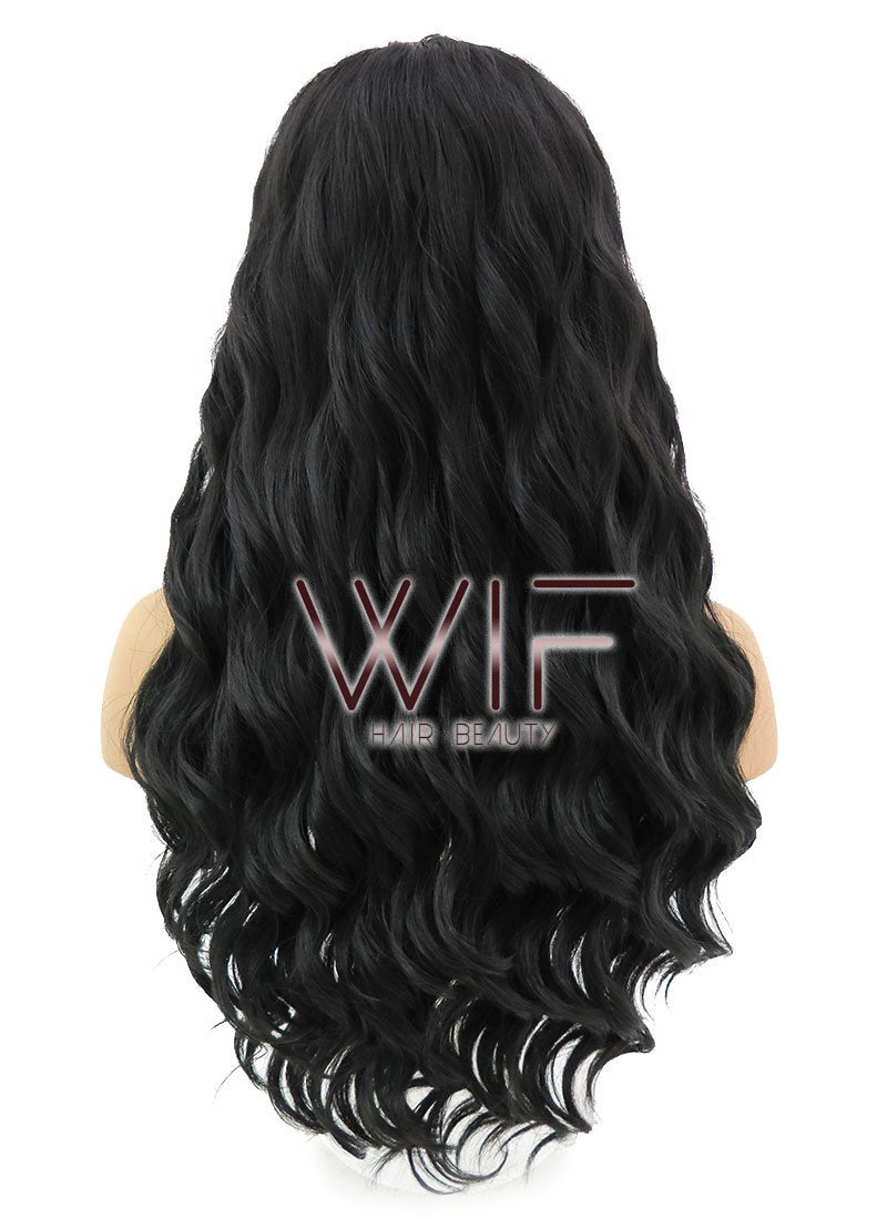 24" Long Curly Natural Black Lace Front Synthetic Hair Wig LFB095