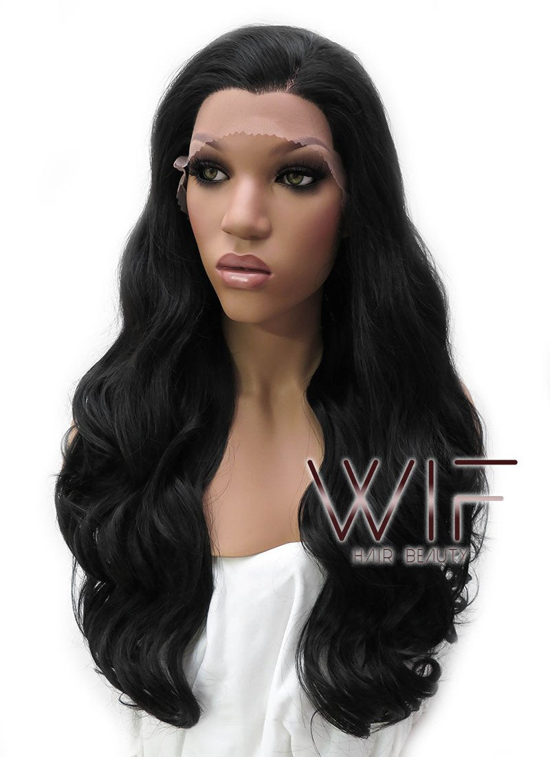 24" Long Curly Natural Black Lace Front Synthetic Hair Wig LFB111