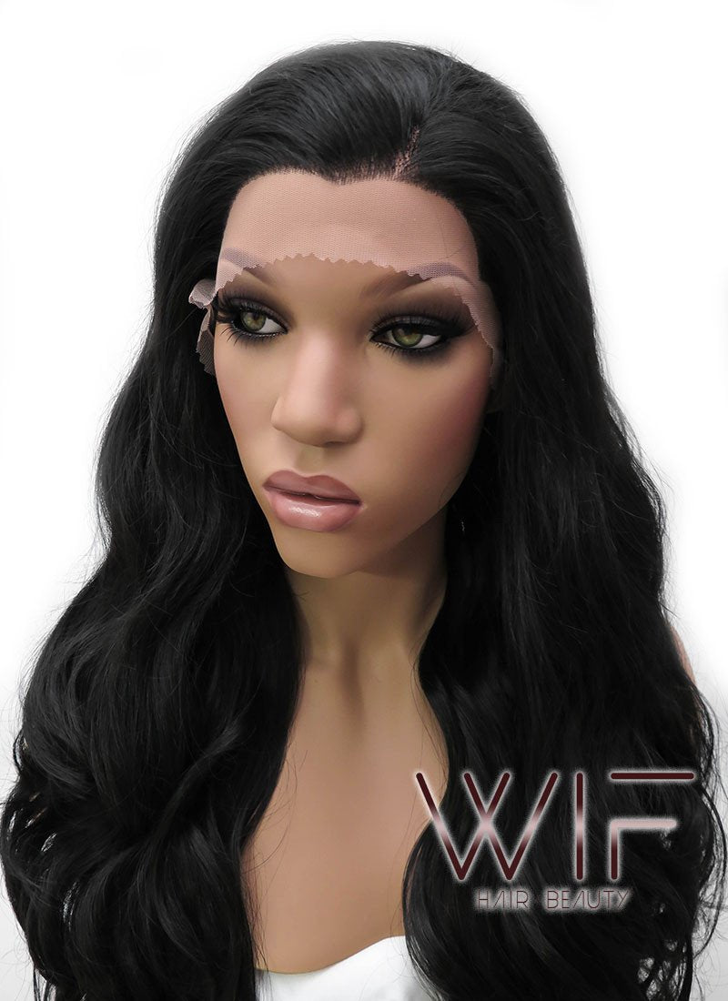 24" Long Curly Natural Black Lace Front Synthetic Hair Wig LFB111
