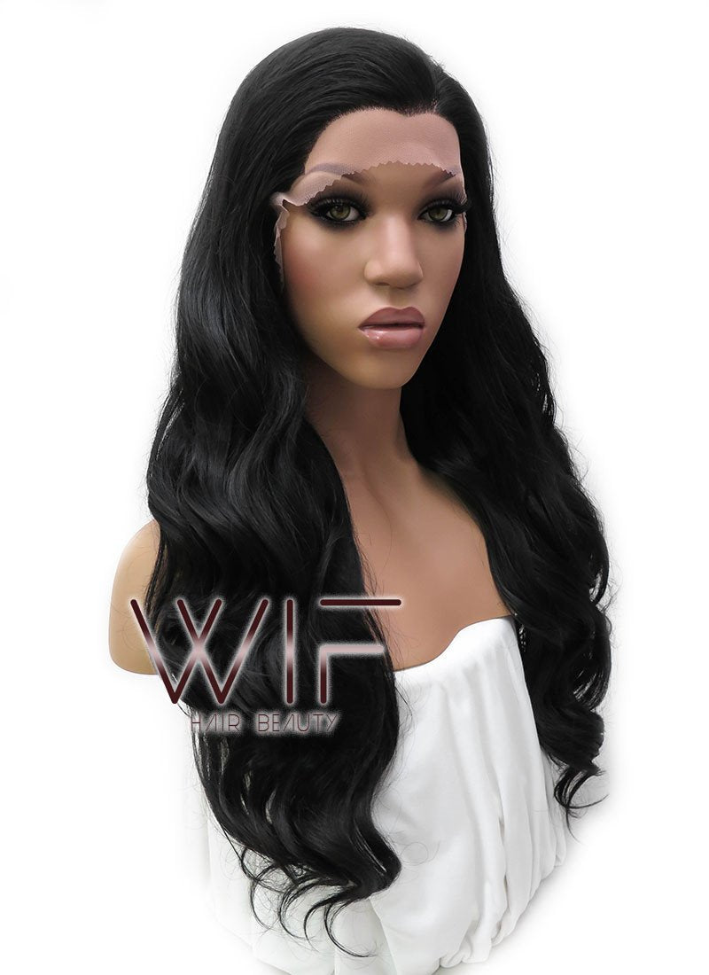 24" Long Curly Natural Black Lace Front Synthetic Hair Wig LFB111