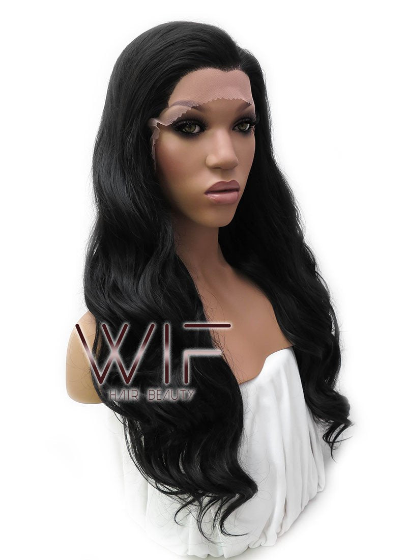 24" Long Curly Natural Black Lace Front Synthetic Hair Wig LFB111