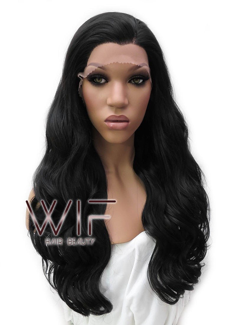 24" Long Curly Natural Black Lace Front Synthetic Hair Wig LFB111