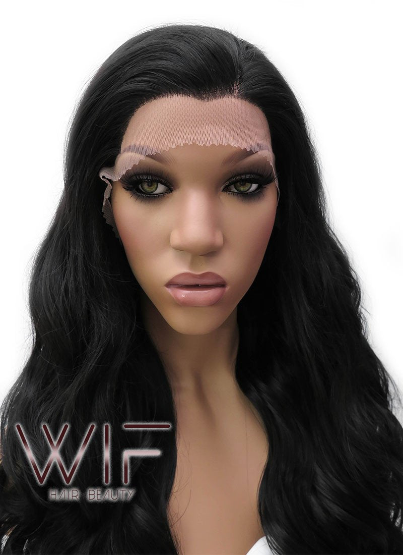 24" Long Curly Natural Black Lace Front Synthetic Hair Wig LFB111