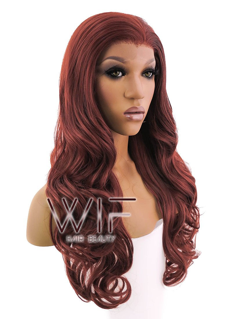 24" Long Curly Light Reddish Brown Lace Front Synthetic Hair Wig LFB132