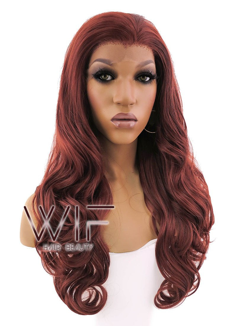 24" Long Curly Light Reddish Brown Lace Front Synthetic Hair Wig LFB132