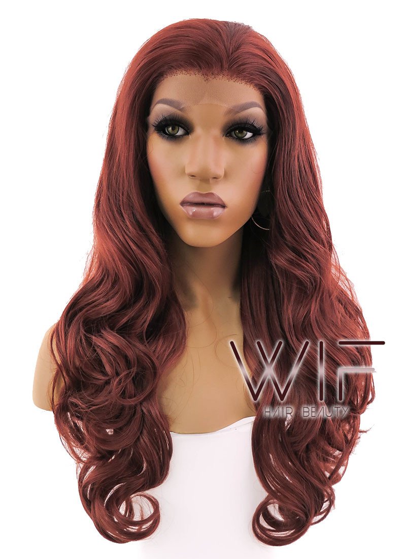 24" Long Curly Light Reddish Brown Lace Front Synthetic Hair Wig LFB132