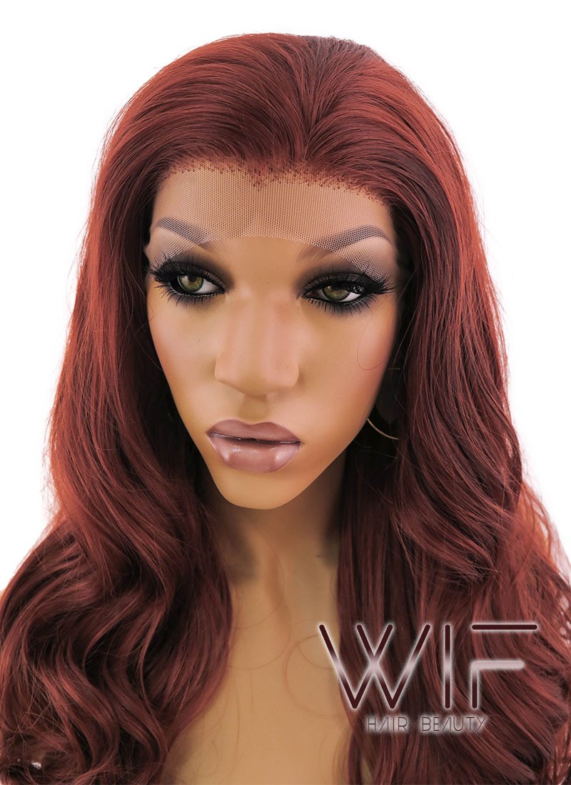 24" Long Curly Light Reddish Brown Lace Front Synthetic Hair Wig LFB132