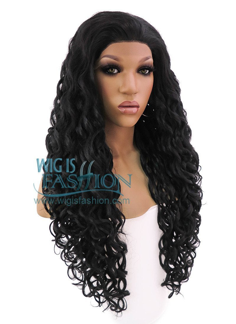 26" Long Spiral Black Lace Front Synthetic Hair Wig LFB166
