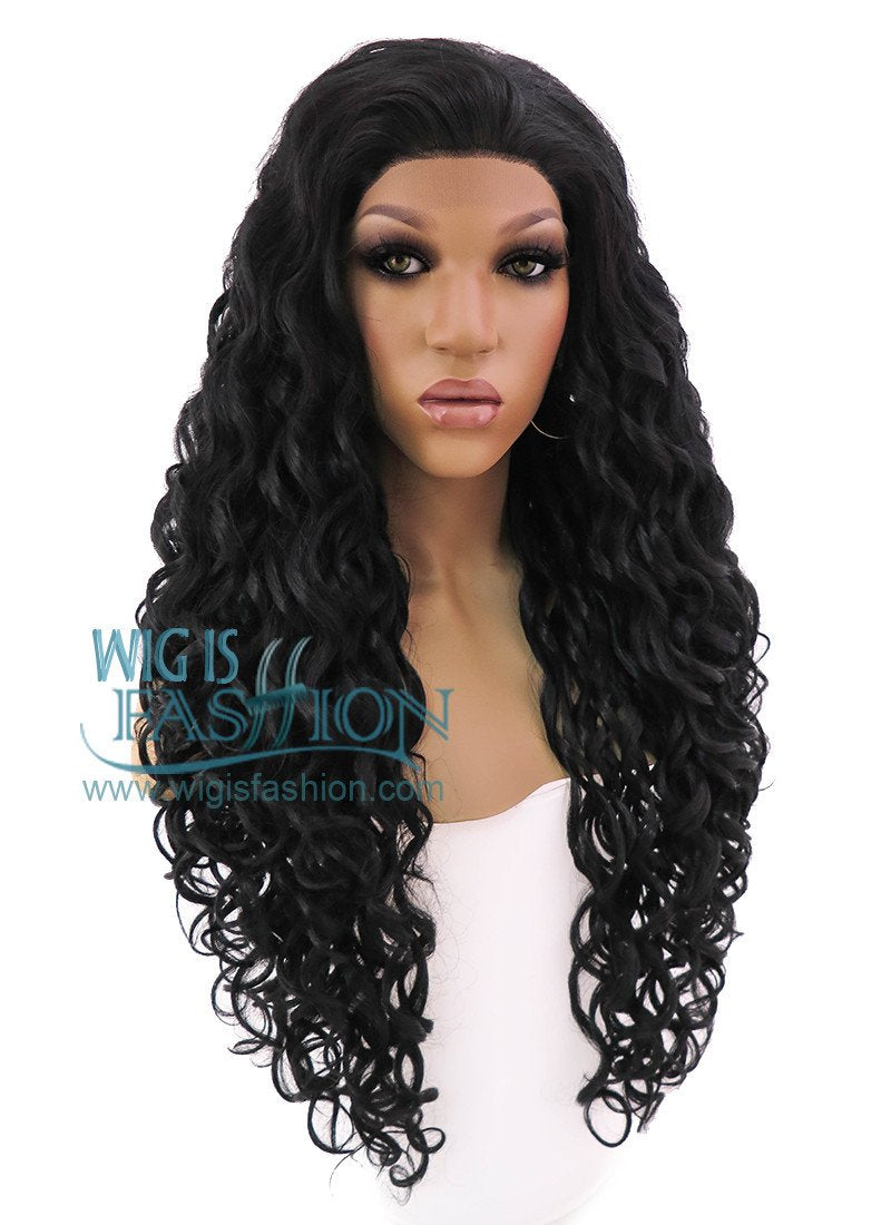 26" Long Spiral Black Lace Front Synthetic Hair Wig LFB166