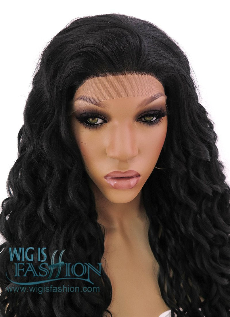 26" Long Spiral Black Lace Front Synthetic Hair Wig LFB166