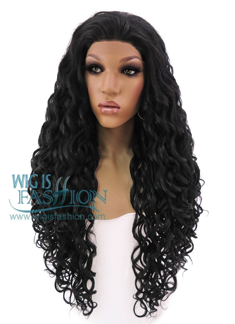 26" Long Spiral Black Lace Front Synthetic Hair Wig LFB166