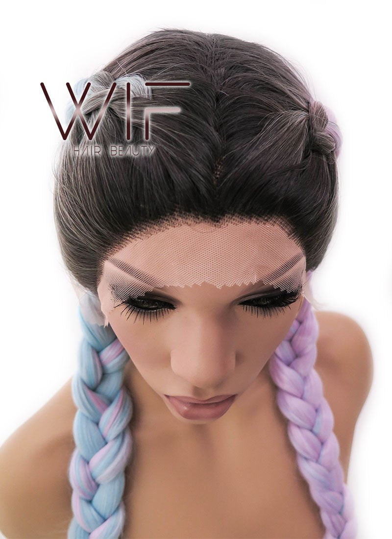 28" Long Black Light Blue Light Purple Ombre Braided Lace Front Synthetic Hair Wig LFB2004