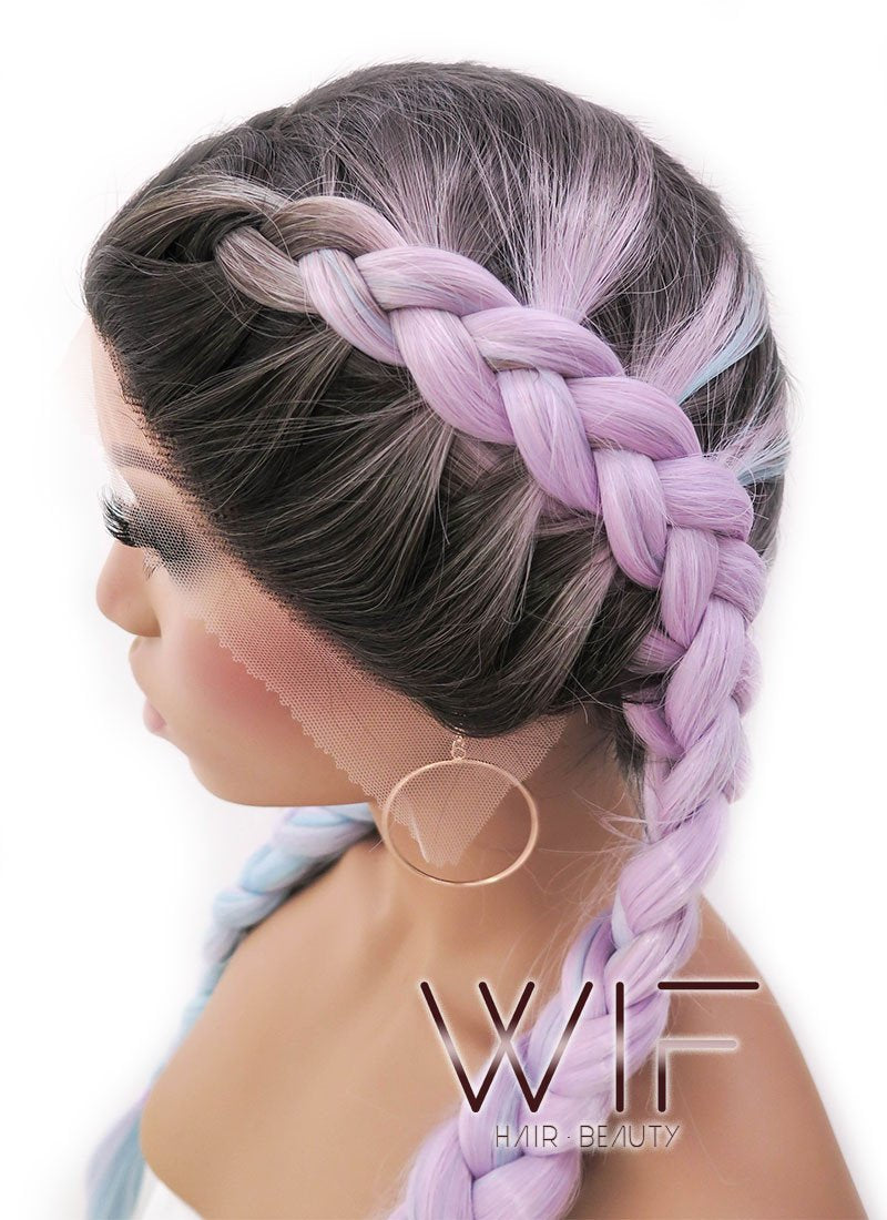 28" Long Black Light Blue Light Purple Ombre Braided Lace Front Synthetic Hair Wig LFB2004