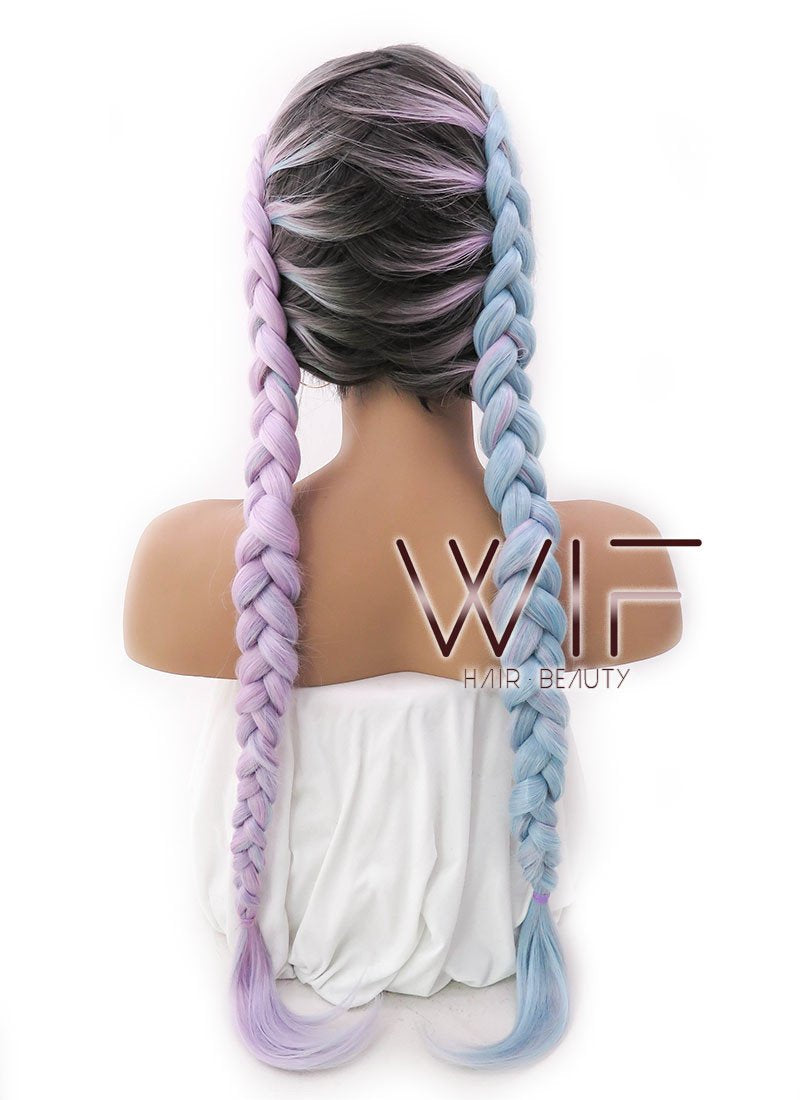 28" Long Black Light Blue Light Purple Ombre Braided Lace Front Synthetic Hair Wig LFB2004