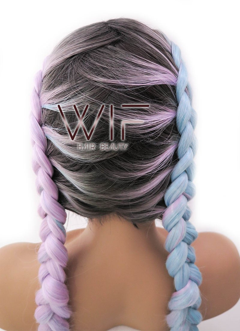 28" Long Black Light Blue Light Purple Ombre Braided Lace Front Synthetic Hair Wig LFB2004