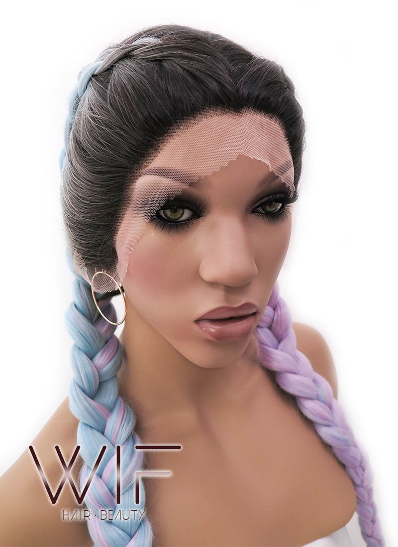28" Long Black Light Blue Light Purple Ombre Braided Lace Front Synthetic Hair Wig LFB2004