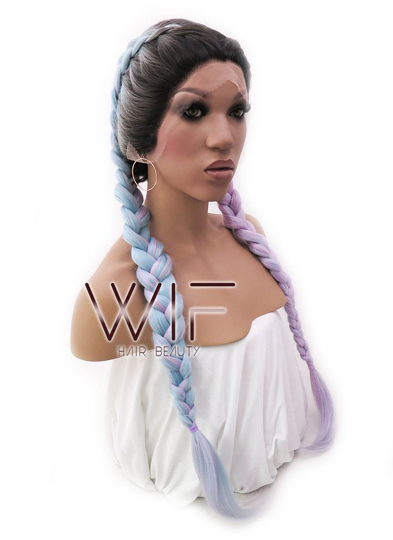 28" Long Black Light Blue Light Purple Ombre Braided Lace Front Synthetic Hair Wig LFB2004
