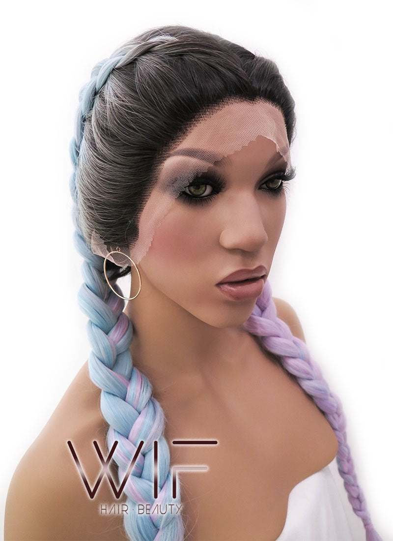 28" Long Black Light Blue Light Purple Ombre Braided Lace Front Synthetic Hair Wig LFB2004