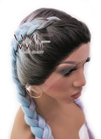 28" Long Black Light Blue Light Purple Ombre Braided Lace Front Synthetic Hair Wig LFB2004