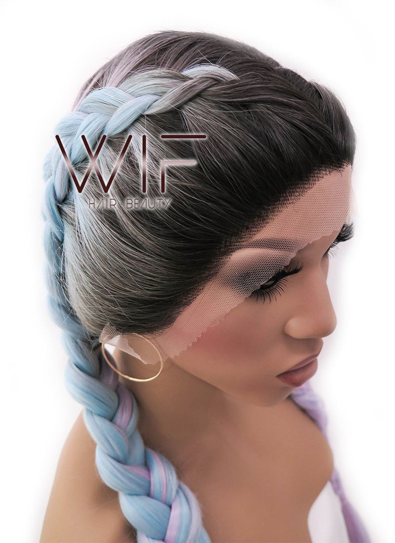 28" Long Black Light Blue Light Purple Ombre Braided Lace Front Synthetic Hair Wig LFB2004